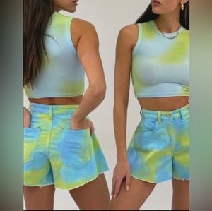 NWT We Wore What Flare Bell Shorts Stretch Twill Denim Tie Dye High Rise Size 29